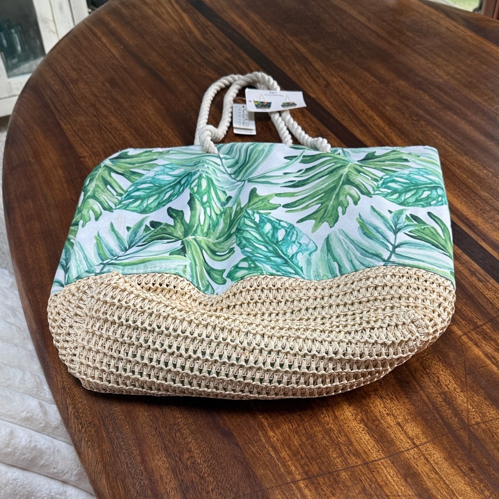 Cee Klein beach bag from Hawaii, Tropical Leaf Canvas Tote, woven bottom luxury